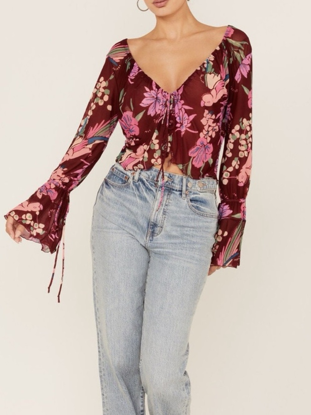 Free People Burgundy Floral Wrap Blouse with Pink Blooms